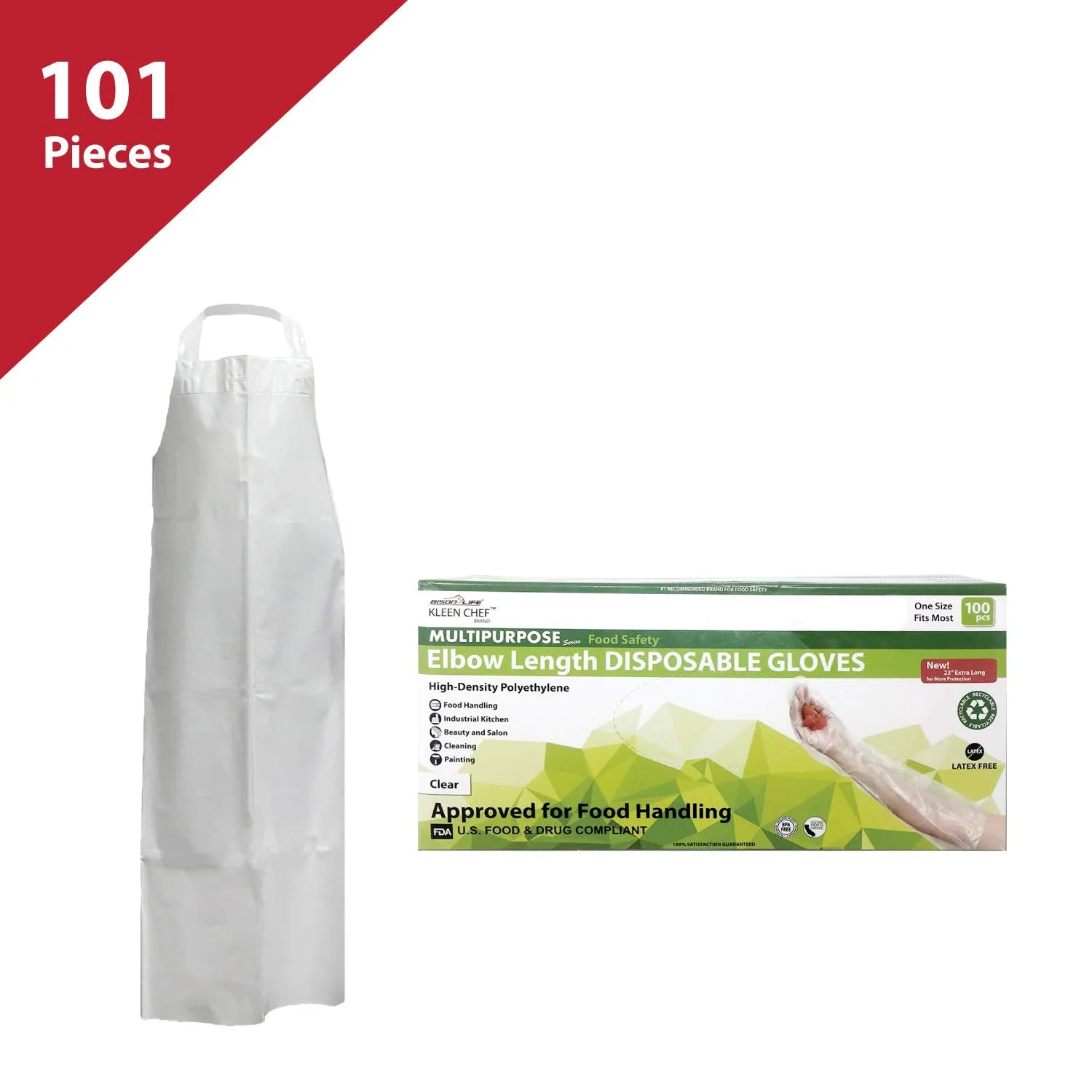 101 Piece Dishwashing Kit, 1 Reusable 7.8 MIL Water Resistant TPU White Bib Apron and a BOX of 100 Pcs Elbow Length Gloves