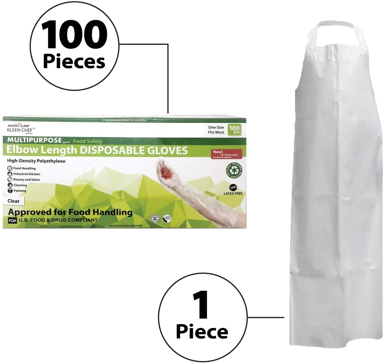 101 Piece Dishwashing Kit, 1 Reusable 7.8 MIL Water Resistant TPU White Bib Apron and a BOX of 100 Pcs Elbow Length Gloves