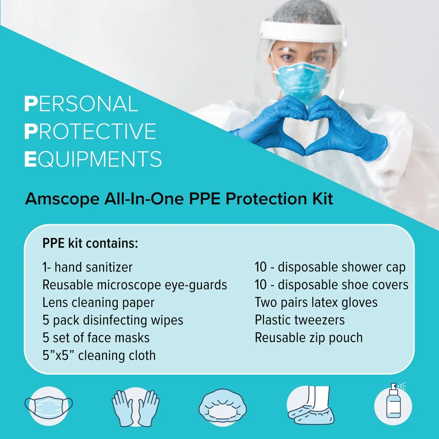 AmScope Outlet 50  Piece Personal Protection Equipment Kit for Business, Travel, Office and Home