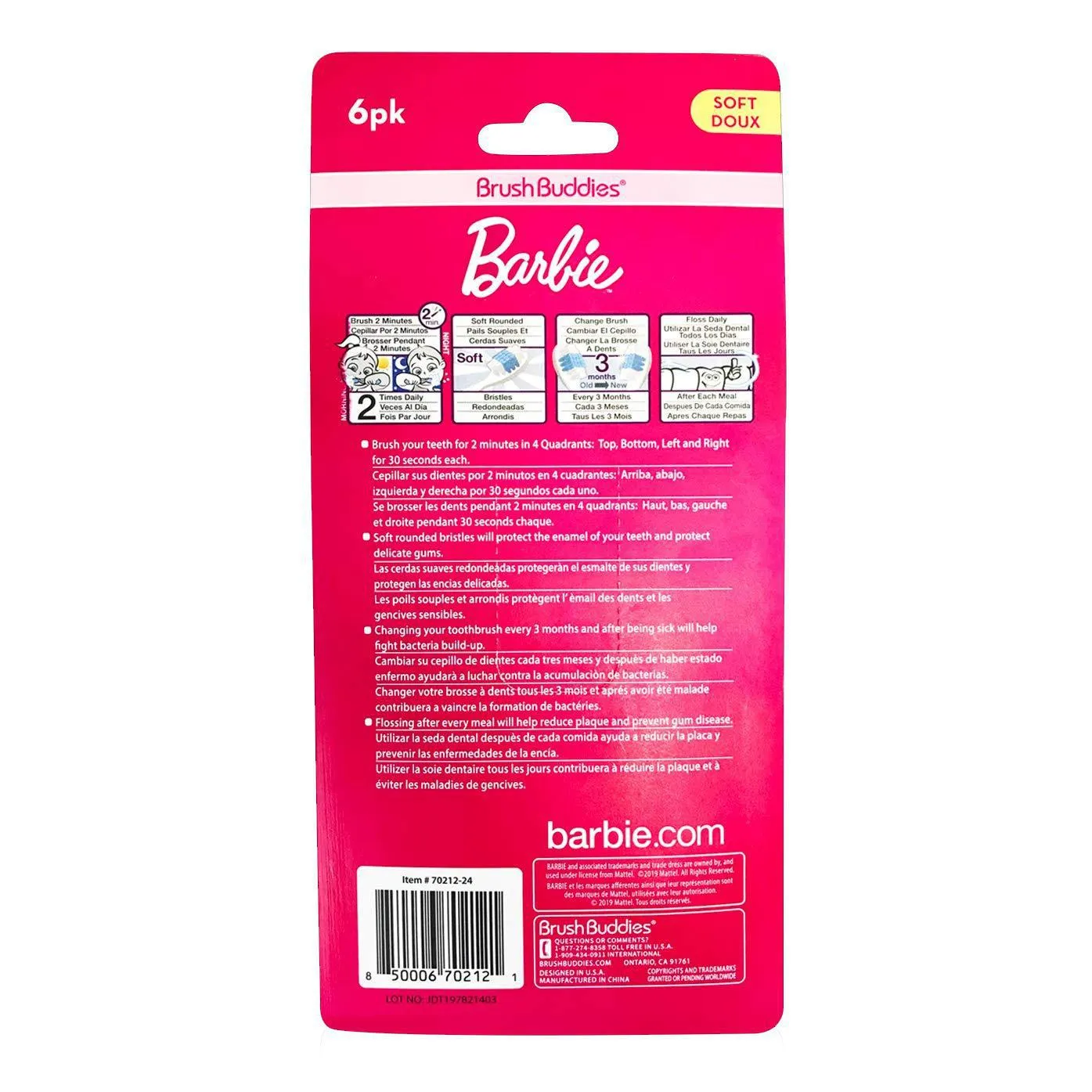 Barbie Soft Toothbrush - Great Handle For Easy Gripping and Bi-Level Bristle 6 Pack