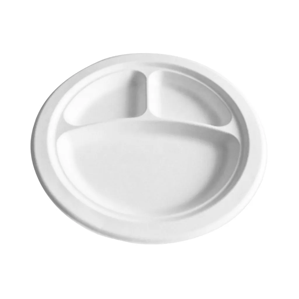 Compostable Plates - Globe, Round Fibre Bagasse, 3 Compartment, 9" or 10" (Case of 500), 6024 / 6025