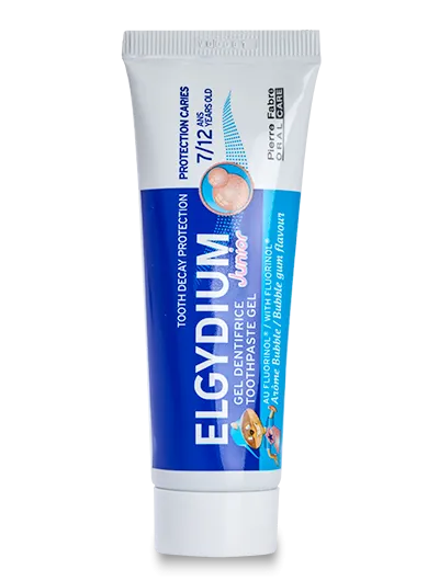 Elgydium Junior Bubble Gum 50ml Toothpaste - 100% Organic Flouride (7 Years Up) 1000ppm F-  (Paraben Free)  - FOC Elgydium Toothpaste travel size 7ml with every 4 tubes ordered  Exp: 04/23