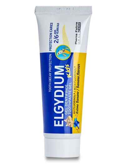 Elgydium Kids Banana 50ml Toothpaste (2-6 Years) - ( Fluorinol 500 ppm F- Dimethicone ) FOC Elgydium Toothpaste travel size 7ml with every 4 tubes ordered  Exp: