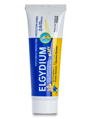 Elgydium Kids Banana 50ml Toothpaste (2-6 Years) - ( Fluorinol 500 ppm F- Dimethicone ) FOC Elgydium Toothpaste travel size 7ml with every 4 tubes ordered  Exp: