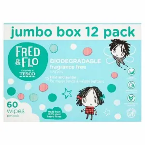 Fred & Flo Biodegradable Fragrance Free 60 Wipes 12 Box