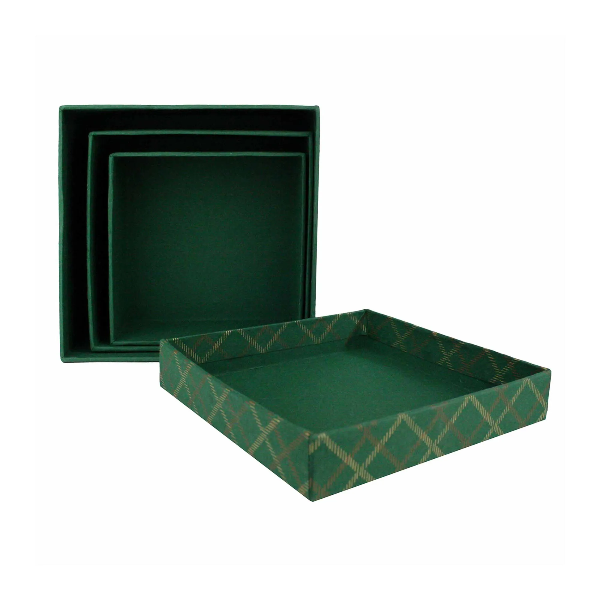 Handcrafted Chequered Green Gift Boxes - Set of 3