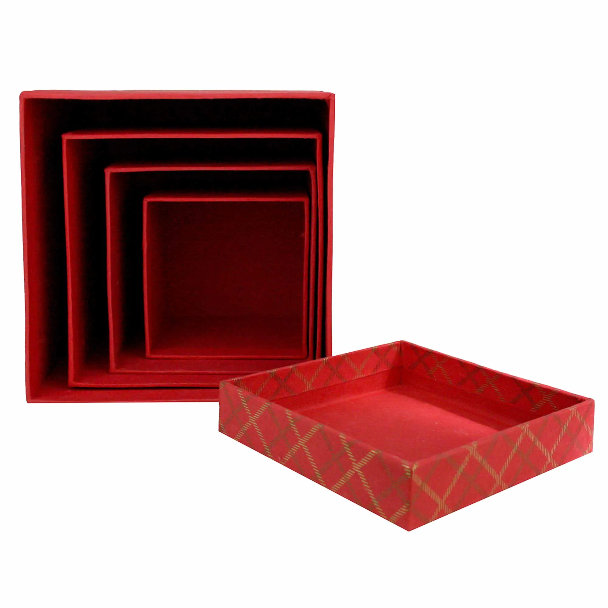 Handcrafted Chequered Red Gift Boxes - Set of 4