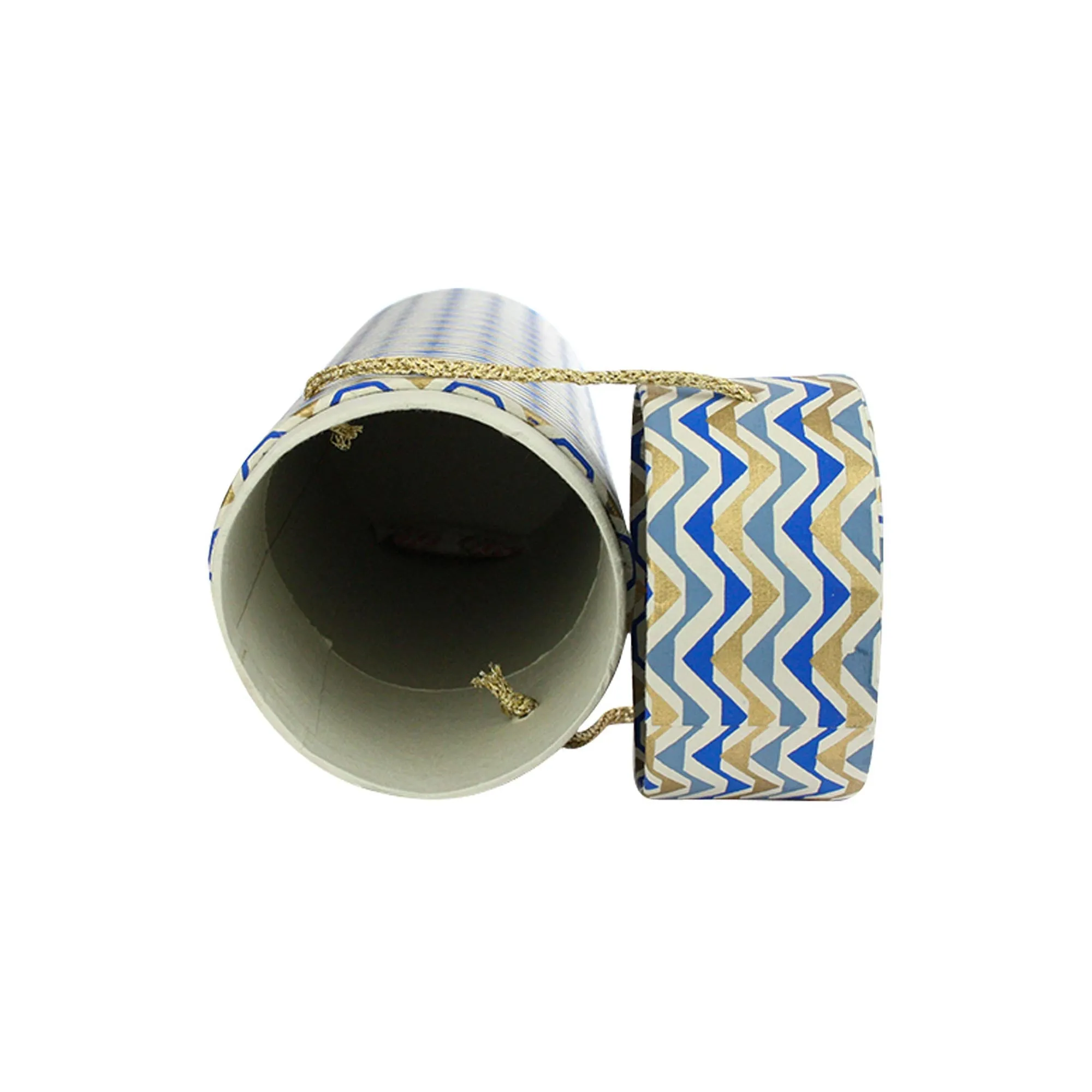 Handmade Chevron Patterned Blue/Gold Cylindrical Wine Gift Box - Single