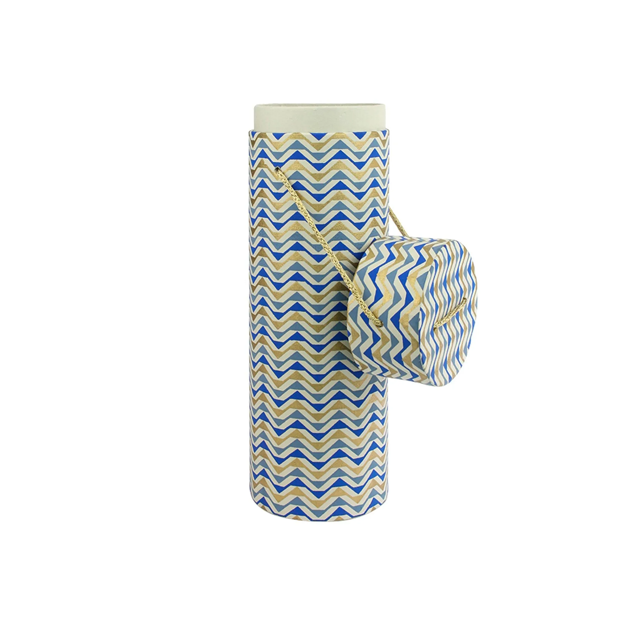 Handmade Chevron Patterned Blue/Gold Cylindrical Wine Gift Box - Single