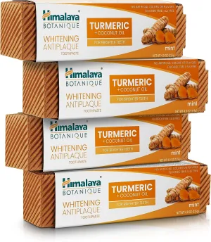 Himalaya Botanique Turmeric & Coconut Oil Whitening Antiplaque Herbal Toothpaste, Whitens Teeth, Fluoride Free, No Artificial Flavors, SLS Free, Vegan, Cruelty Free, Foaming, Mint Flavor, 4 Oz, 1 Pack