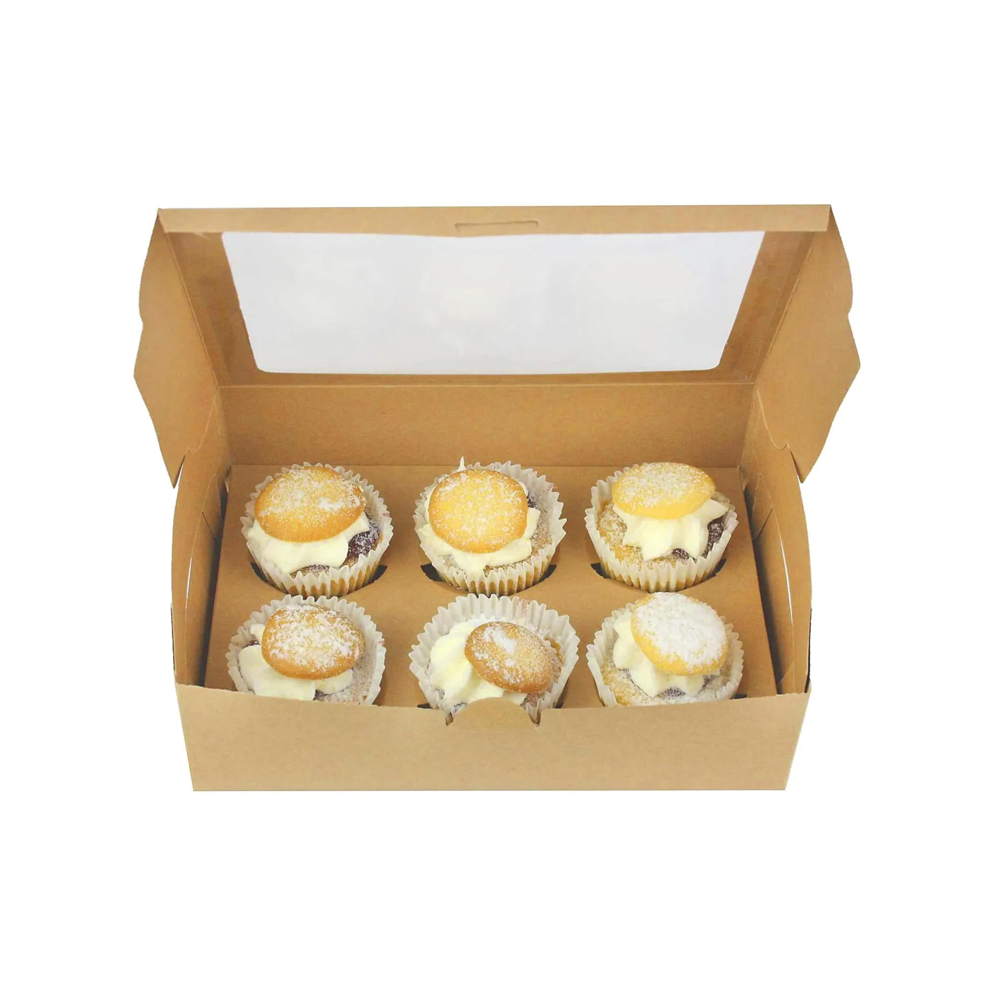 Kraft Cupcake Box with Viewing Window Pack of 12 (Holds 6 Cupcakes)