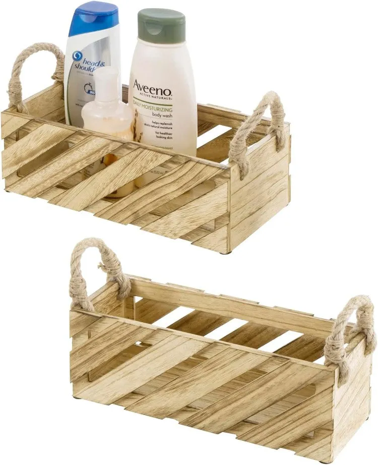 Natural Paulownia Wood Nesting Storage Baskets with Rugged Rope Handles, Carrying Caddy Organizer Bins for Home Bathroom