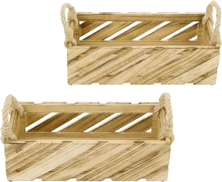 Natural Paulownia Wood Nesting Storage Baskets with Rugged Rope Handles, Carrying Caddy Organizer Bins for Home Bathroom