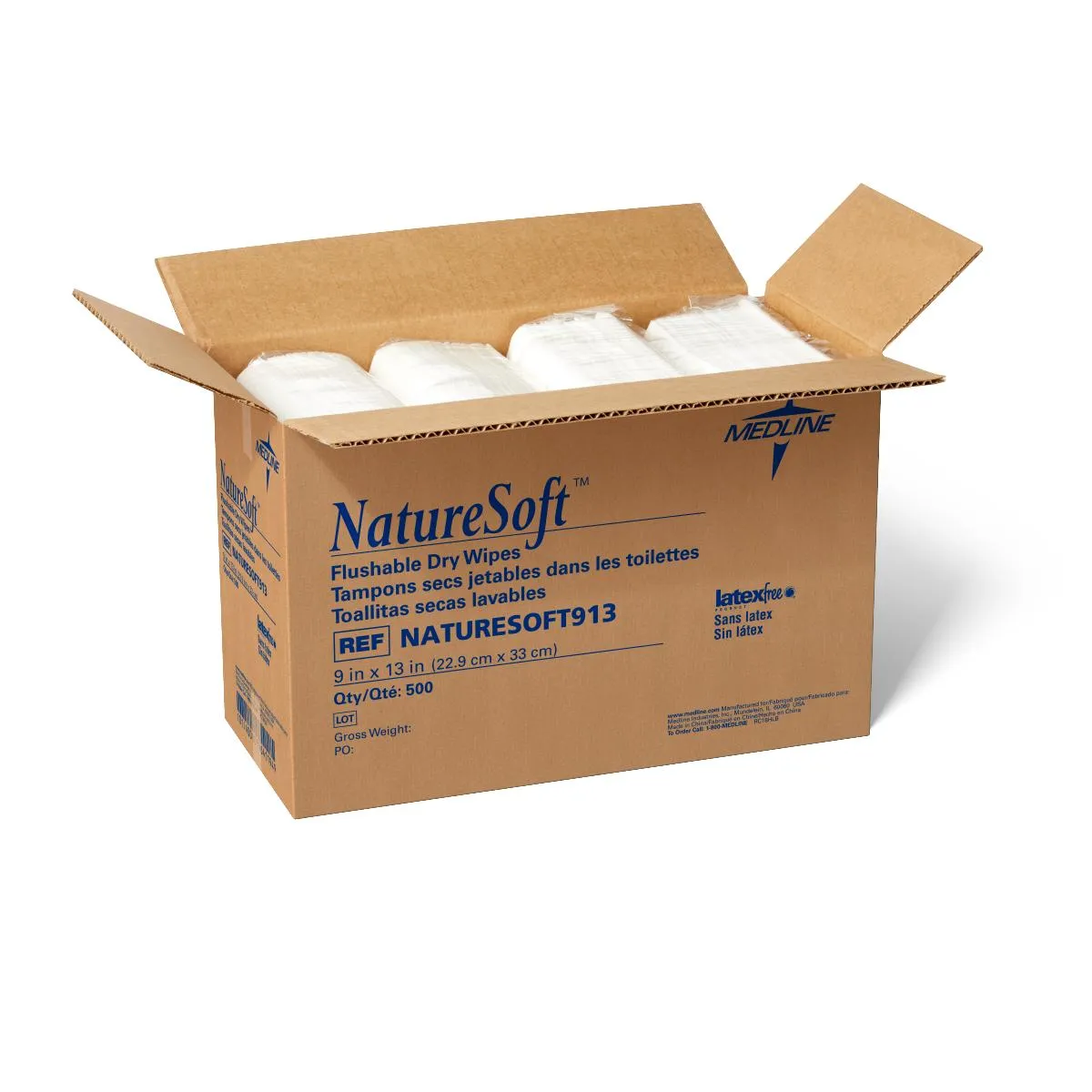 NatureSoft Flushable Dry Cleansing Wipes, 9" x 13" (case of 500)