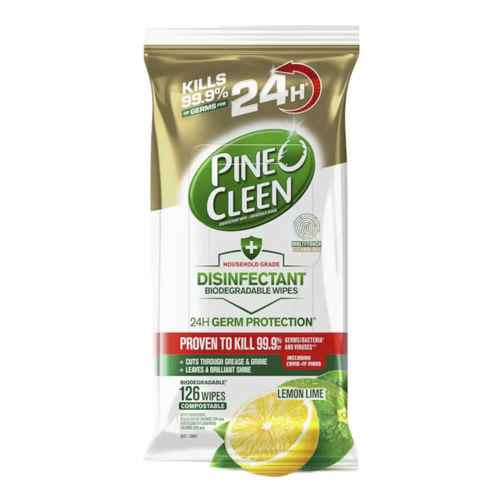 Pine O Cleen 24h Protection Lemon Lime Disinfectant Cleaning Wipes 126 Pack