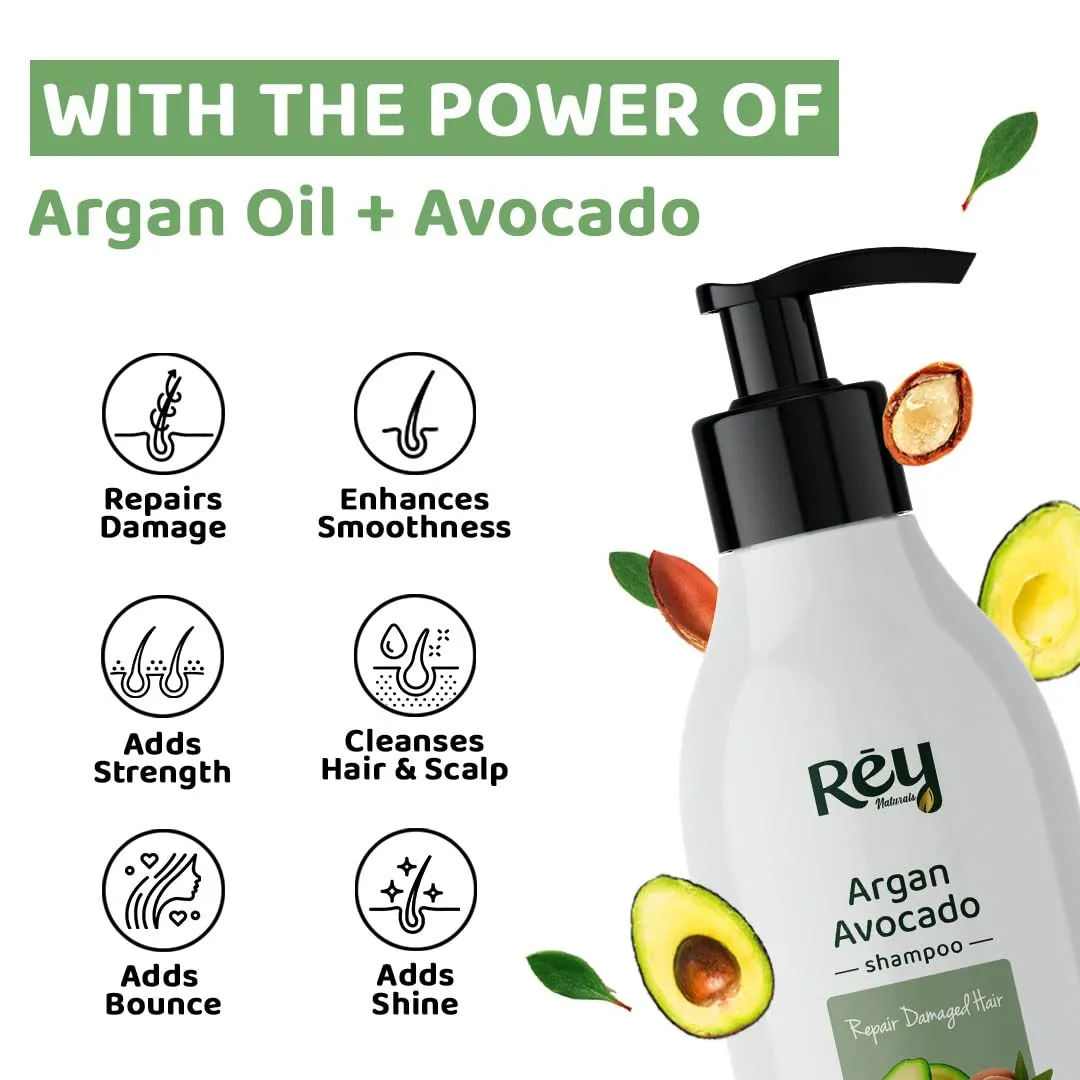 Rey Naturals Moroccan Argan Avocado Shampoo to Repair Damaged Hair|Natural Actives|Paraben and Sulphate Free | For Smooth Hair | Reduces Frizzy Hair & Dryness | Suitable for Men and Women | 300 ML