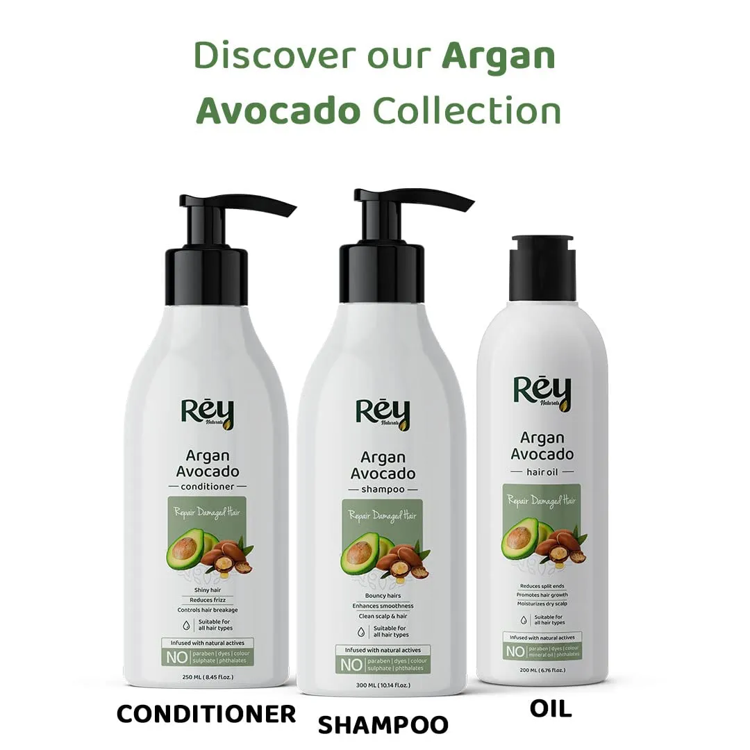 Rey Naturals Moroccan Argan Avocado Shampoo to Repair Damaged Hair|Natural Actives|Paraben and Sulphate Free | For Smooth Hair | Reduces Frizzy Hair & Dryness | Suitable for Men and Women | 300 ML