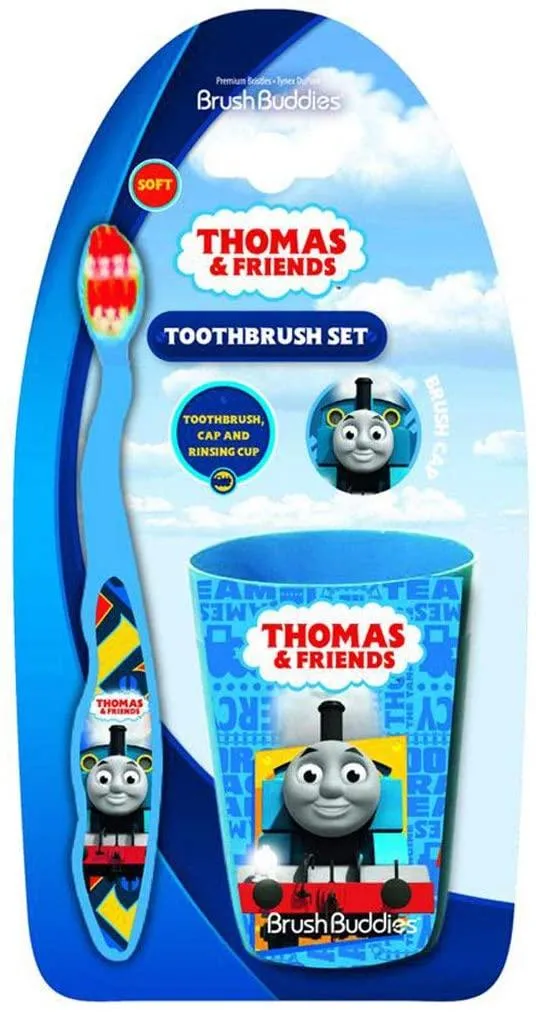 Thomas & Friends Premium Soft Bristle Toothbrush Set - Manual Toothbrush, Cover Cap, Rinsing Cup for Kids Girls Boys Children